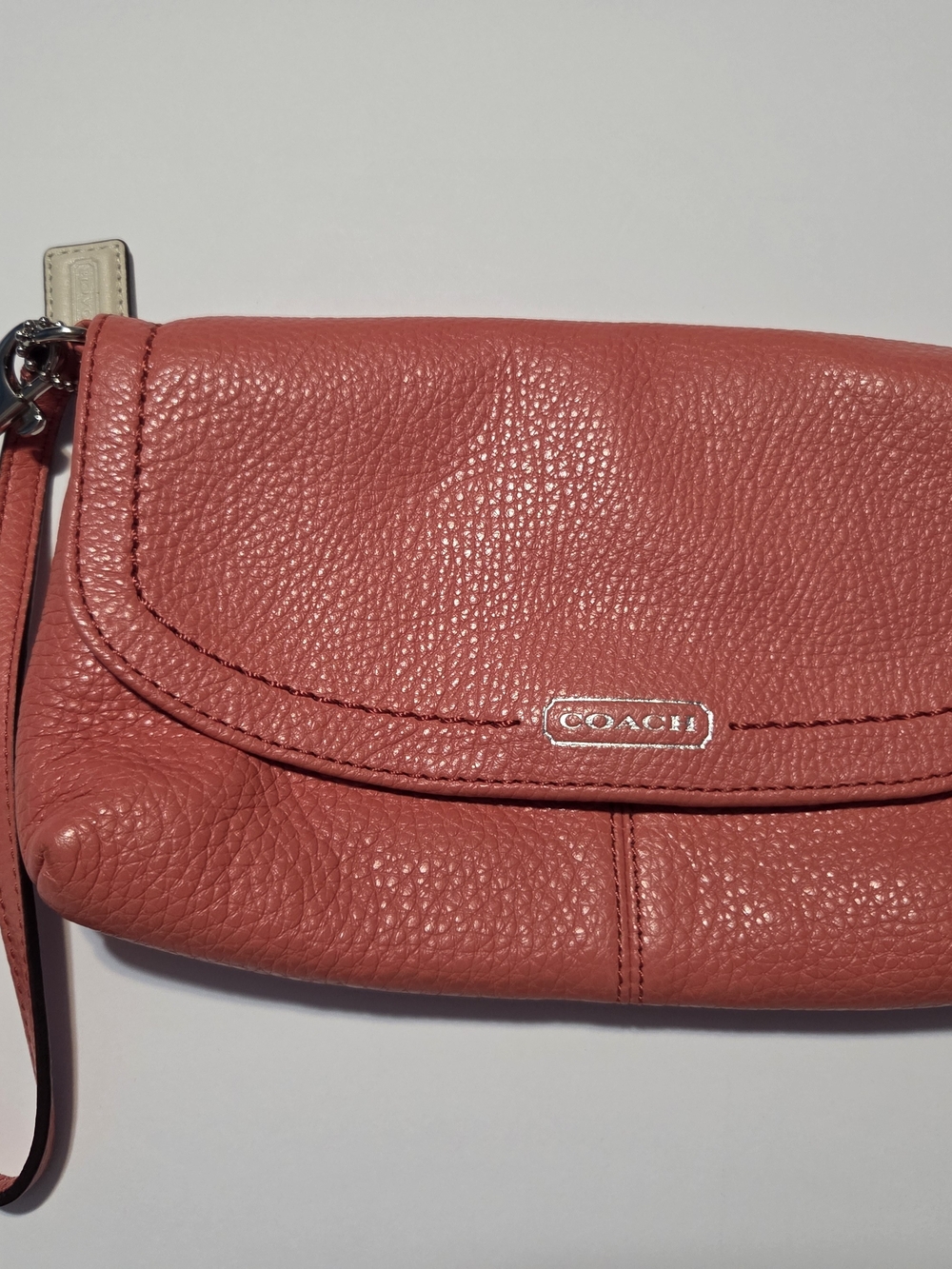 Coach Coral-Red Pebbled Leather Wristlet Clutch